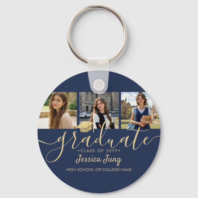 4 Photo Graduation Collage Script Navy Blue & Gold Keychain (Front)