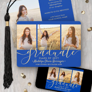4 Photo Graduation Collage Script Royal Blue Gold Announcement
