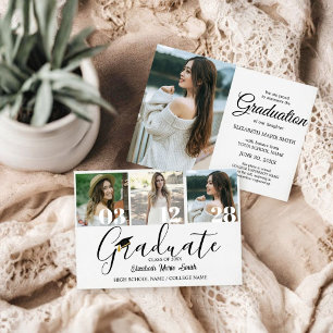 4 Photo Graduation Collage Simple Modern Script Invitation