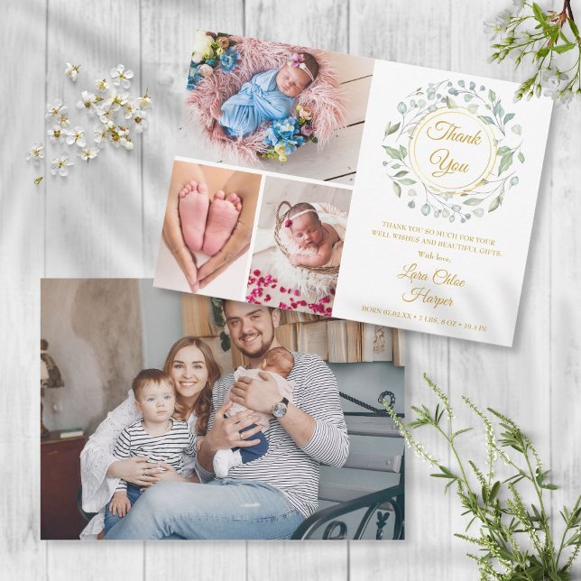 4 Photo Greenery Floral Gold Thank You Baby Birth Announcement (Creator Uploaded)