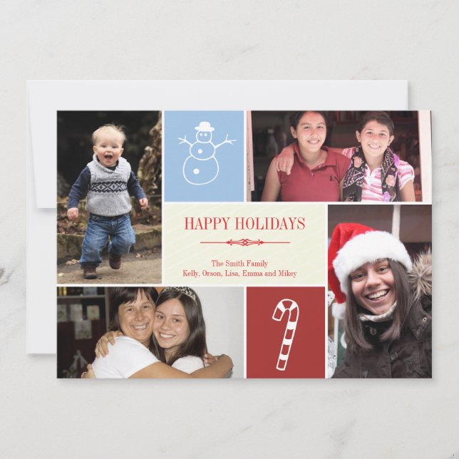 4 photo grid collage snowman candy cane Christmas Holiday Card (Front)
