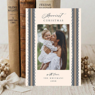 4 Photo Hand Drawn Scallop Ribbon Stripe Christmas Holiday Card