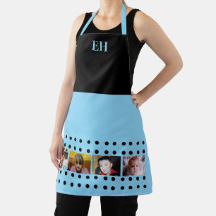 4 photo initials polka dots black blue apron