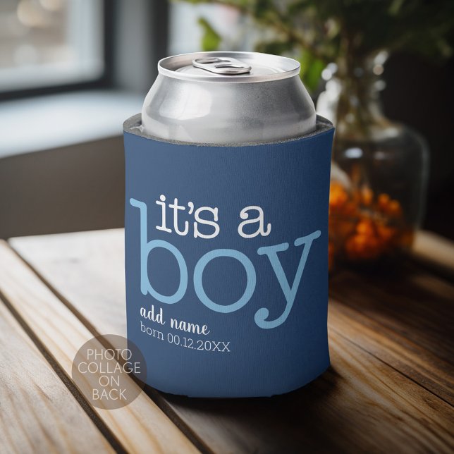 4 Photo It's A Boy - Modern, Whimsical with White Can Cooler (Personalized Can Cooler - Add Custom Text or Name)