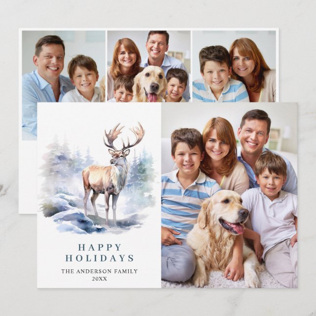 4 PHOTO Minimalist Elegant Deer Christmas Holiday Card (Front/Back)