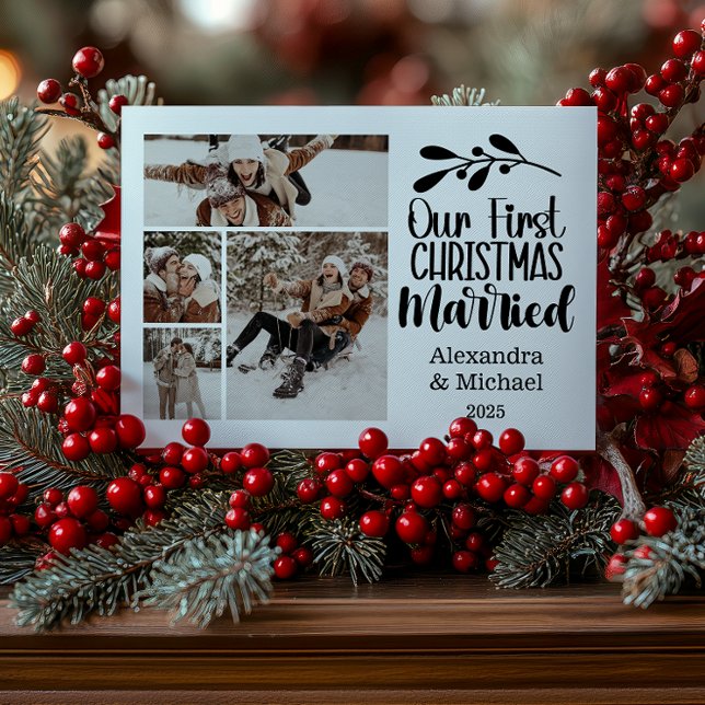 4 Photo Minimialist Our First Christmas Married Holiday Card (Creator Uploaded)