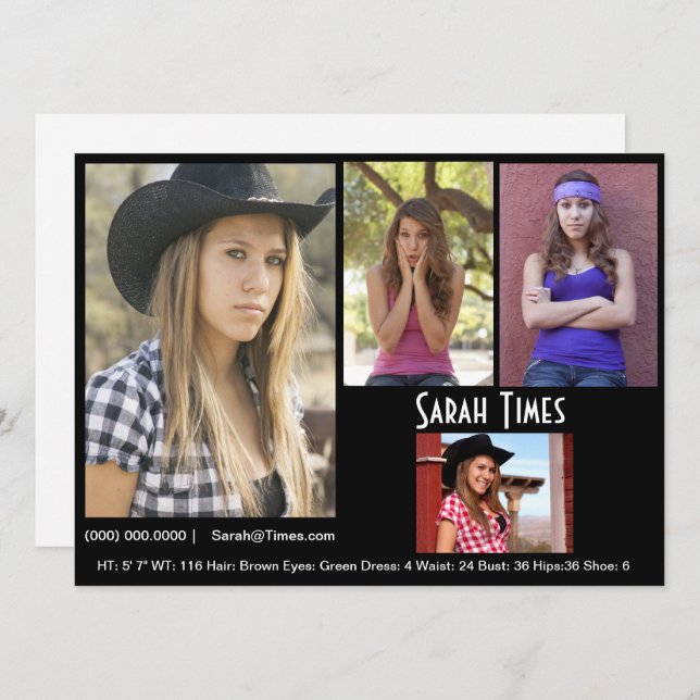 4 Photo Model Actor Comp Card Black Template (Front/Back)