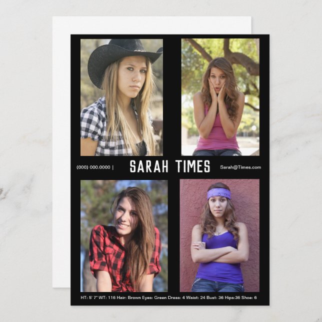 4 Photo Model Actor Comp Card Black Template (Front/Back)