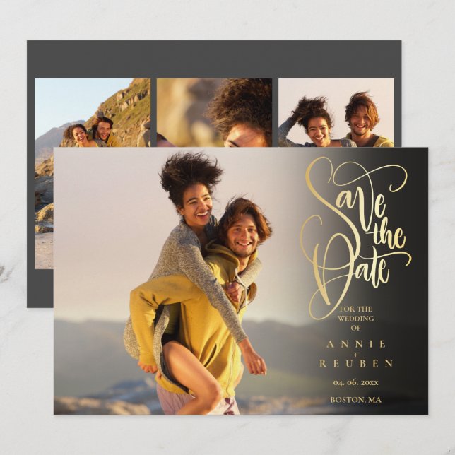 4 Photo Modern Elegant Gold Script Save The Date (Front/Back)