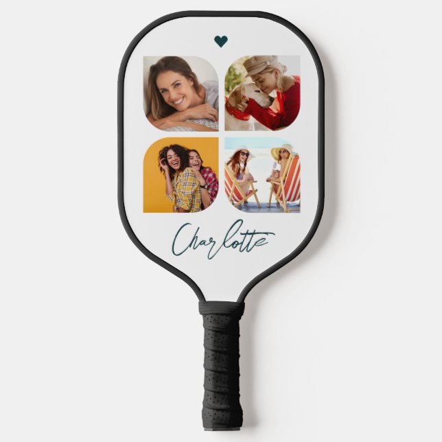 4 Photo Modern Trendy Simple Personalized Name Pickleball Paddle (Front)