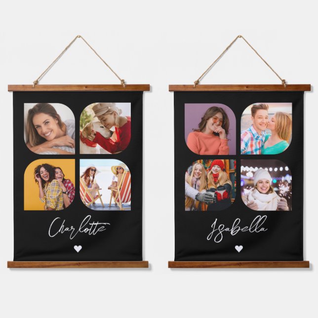 4 Photo Modern Trendy Simple Personalized Names Hanging Tapestry (Double)