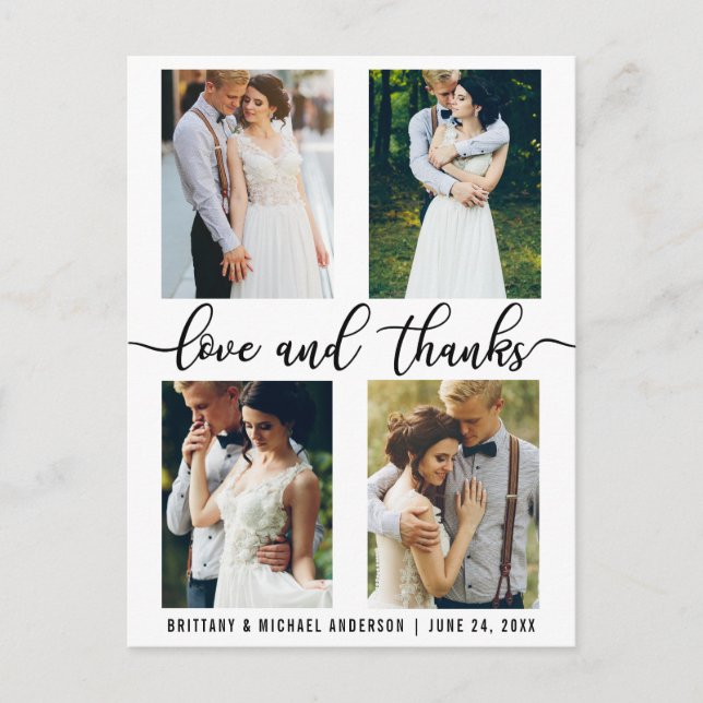 4 Photo Modern Wedding Love and Thanks Script Postcard (Front)