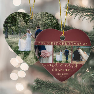 4 Photo Mr & Mrs 1st Christmas Burgundy Gold Heart Ceramic Ornament