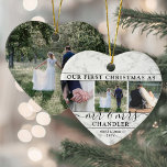 4 Photo Mr & Mrs 1st Christmas Faux Marble Heart Ceramic Ornament<br><div class="desc">Celebrate a joyful 1st holiday as a married couple with a custom 4 photo collage "Our First Christmas as Mr. & Mrs." heart-shaped ceramic ornament. All text and images on this template are simple to personalize. (IMAGE PLACEMENT TIP: An easy way to centre a photo exactly how you want is...</div>