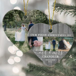 4 Photo Mr & Mrs 1st Christmas Faux Wood Heart Ceramic Ornament<br><div class="desc">Celebrate a joyful 1st holiday as a married couple with a custom 4 photo collage "Our First Christmas as Mr. & Mrs." heart-shaped ceramic ornament. All text and images on this template are simple to personalize. (IMAGE PLACEMENT TIP: An easy way to center a photo exactly how you want is...</div>