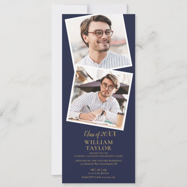 4 Photo Navy Blue And Gold Graduation Party Invita Invitation (Front)