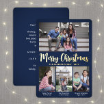 4 Photo Navy Blue Merry Christmas Modern Collage Foil Holiday Card<br><div class="desc">Send stylish joyful greetings and share your favourite pictures with a custom four photo collage navy blue and gold foil holiday card. All text on this template is simple to customize to include any wording, such as Merry Christmas, Happy Holidays, Seasons Greetings, New Year Cheers etc. (IMAGE PLACEMENT TIP: An...</div>