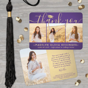 4 Photo New Address Modern Purple Gold Graduation Thank You Card