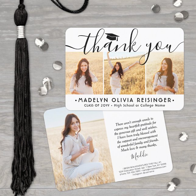 4 Photo New Address Modern Script Graduation Thank You Card (Creator Uploaded)