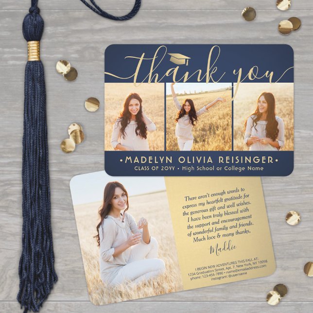 4 Photo New Address Navy Blue and Gold Graduation Thank You Card (Creator Uploaded)