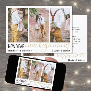 4 Photo New Year New Beginning Simple Script Gold Holiday Card