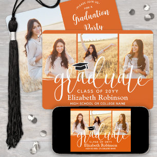 4 Photo Orange and White Script Graduation Party Invitation