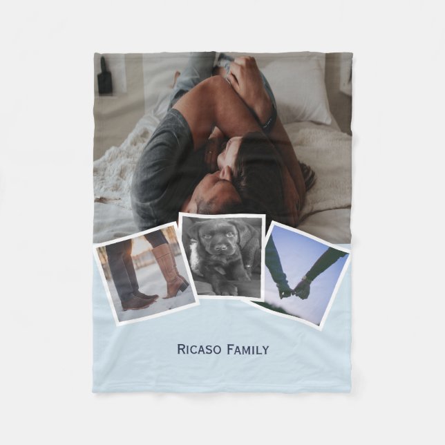 4 Photo Personalized Collage Light Blue Fleece Blanket (Front)