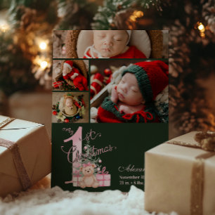 4 Photo  Pink Green Baby First Christmas Holiday Card