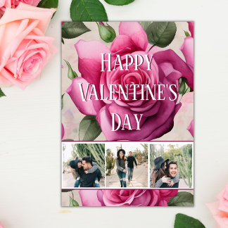 4 Photo Pink Roses Love Floral Valentine's Day Holiday Card