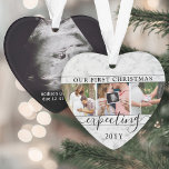 4 Photo Pregnancy 1st Christmas Faux Marble Heart Ornament<br><div class="desc">Celebrate the precious gift of your newest family member with a stylish four photo collage heart-shaped acrylic ornament. Gender neutral design with faux marble border is suitable for a new baby boy or girl. Wording and pictures on this template are simple to personalize. (IMAGE PLACEMENT TIP: An easy way to...</div>