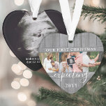 4 Photo Pregnancy 1st Xmas Gray Faux Wood Heart Ornament<br><div class="desc">Celebrate the precious gift of your newest family member with a stylish four photo collage heart-shaped acrylic ornament. Gender neutral design with grey faux wood border is suitable for a new baby boy or girl. Wording and pictures on this template are simple to personalize. (IMAGE PLACEMENT TIP: An easy way...</div>