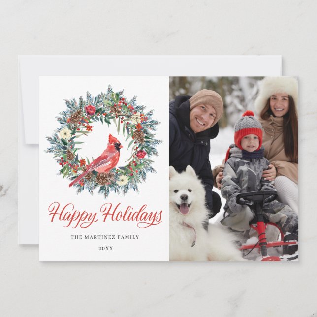 4 PHOTO Red Cardinal Christmas Wreath Holiday Card (Front)