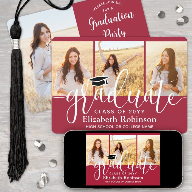 4 Photo Red & White Modern Script Graduation Party Invitation (Creator Uploaded)
