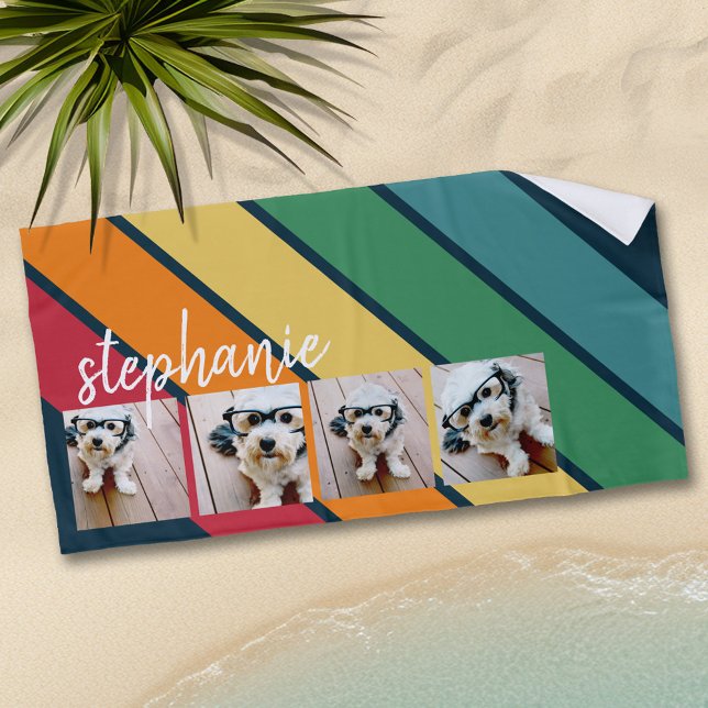 4 Photo Retro stripe pattern rainbow script name Beach Towel (Personalized beach towel with photos and text)