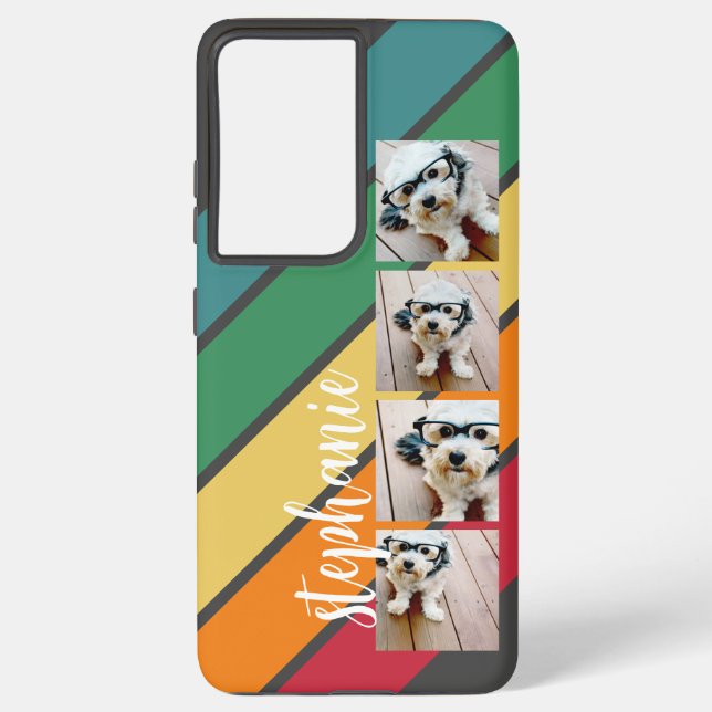 4 Photo Retro stripe pattern rainbow - Script Name Samsung Galaxy S21+ Case (Back)