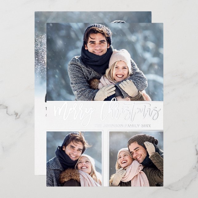 4 PHOTO Simply Elegant Sparkle Christmas Silver Foil Holiday Card (Front/Back)