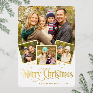 4 PHOTO Sparkle Merry Christmas Greeting Gold Foil Holiday Card