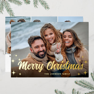 4 PHOTO Sparkle Merry Christmas Greeting Gold Foil Holiday Card