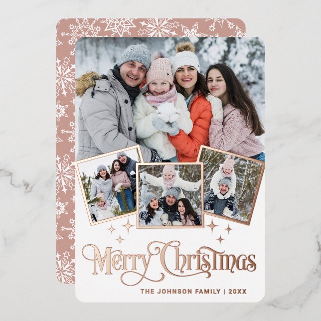 4 PHOTO Sparkle Merry Christmas Greeting Gold Foil Holiday Card (Front/Back)