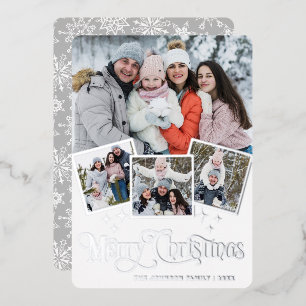 4 PHOTO Sparkle Merry Christmas Greeting Silver Foil Holiday Card