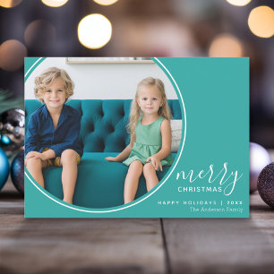 4 Photo Teal Blue Handwritten Merry Christmas Holiday Card