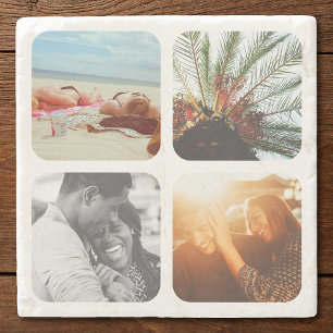 4 Photo Template Grid Rounded Framed Marble Stone Coaster