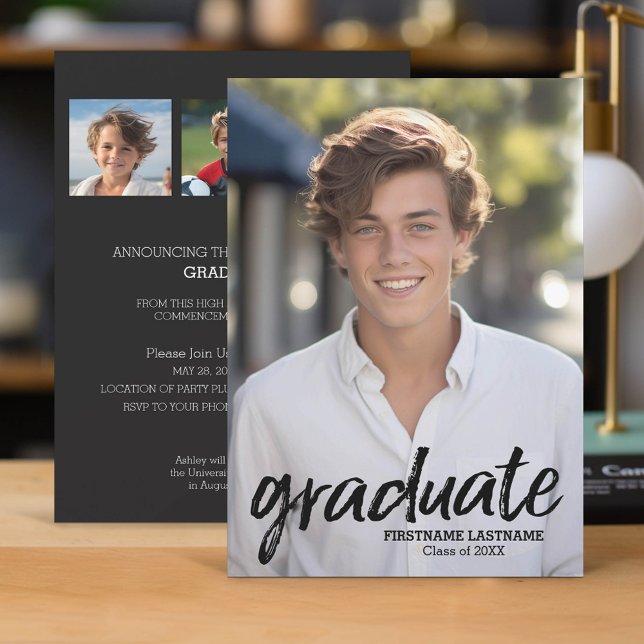 4 Photo Trendy Graduation Announce - vertical Invitation (Classic Graduation Announcement and Party Invitation with 4 Photos)