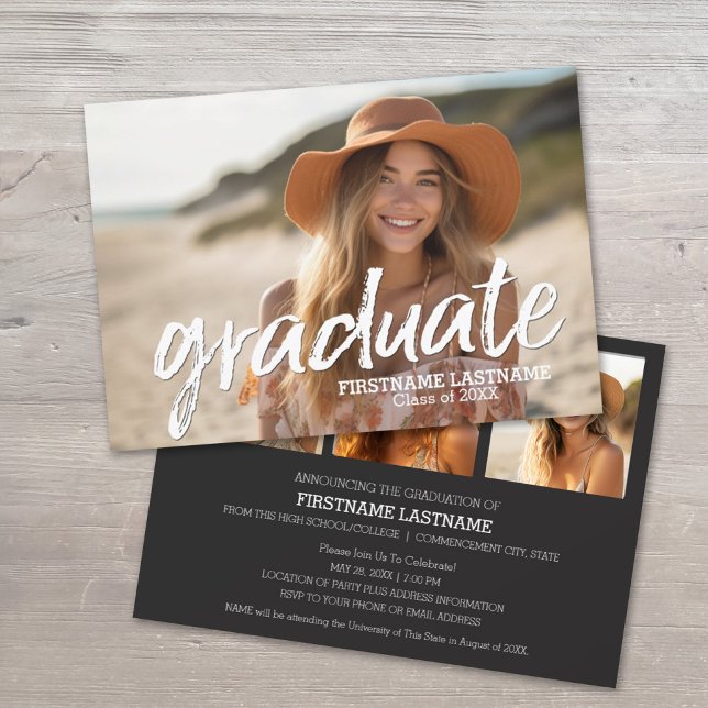 4 Photo Trendy Modern Graduation Party Invitation (Graduation Announcement with Party Invite and 3 Photos)