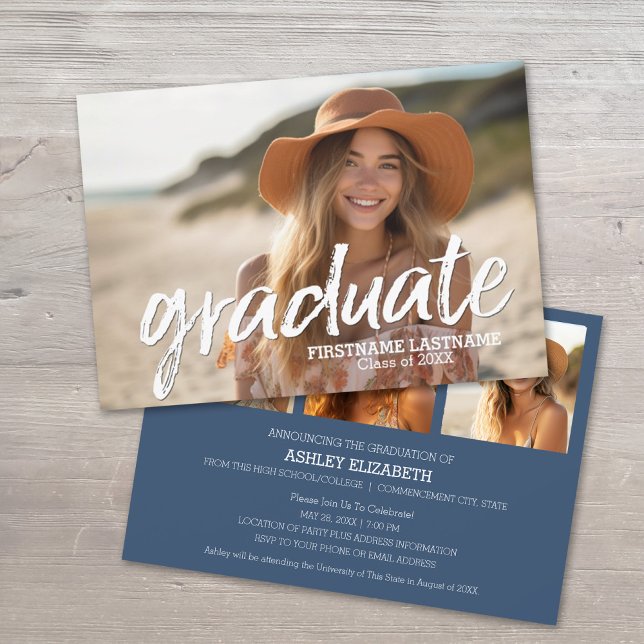 4 Photo Trendy Script Graduation Announcement (Graduation Announcement with Party Invite and 3 Photos)