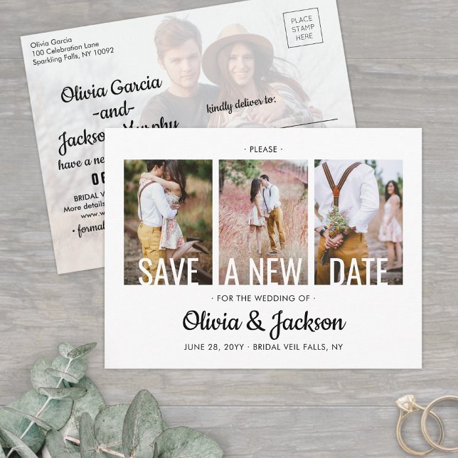 4 Photo Wedding Change the Date Postponed Plans Announcement Postcard (Creator Uploaded)