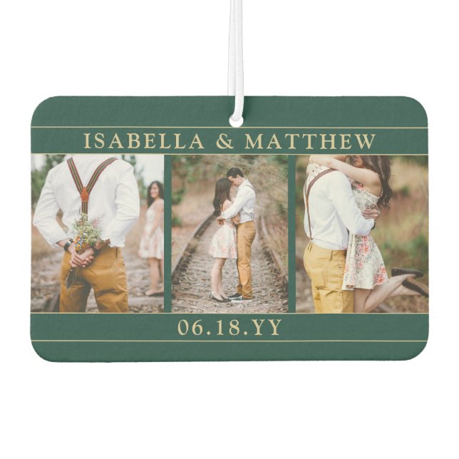 4 Photo Wedding Collage Elegant Green & Gold Heart Air Freshener (Front)
