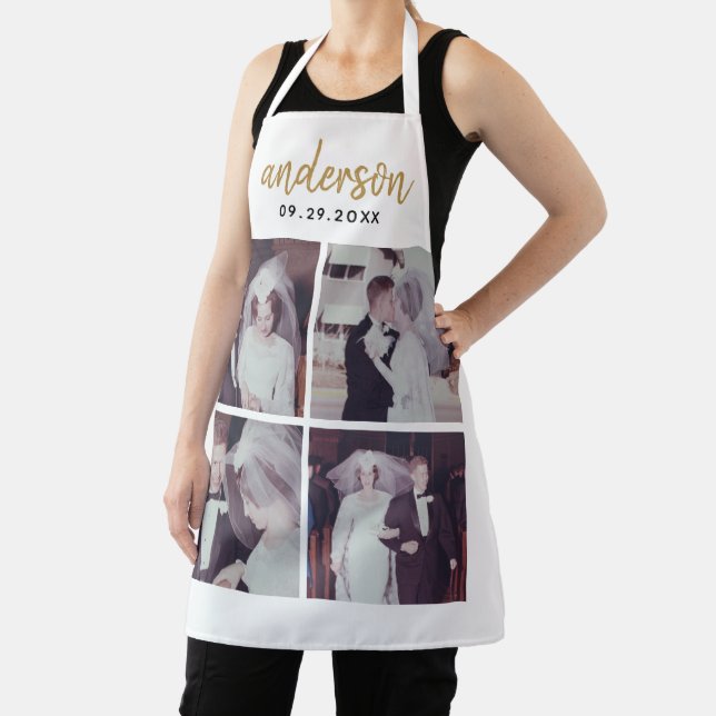 4 Photo Wedding Collage Handwritten Last Name Apron (Insitu)