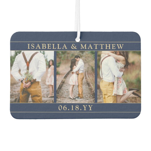 4 Photo Wedding Collage Navy Blue & Gold Heart Air Freshener (Front)