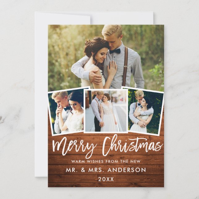4 Photo Wood Brush Script Wedding Christmas Holiday Card (Front)